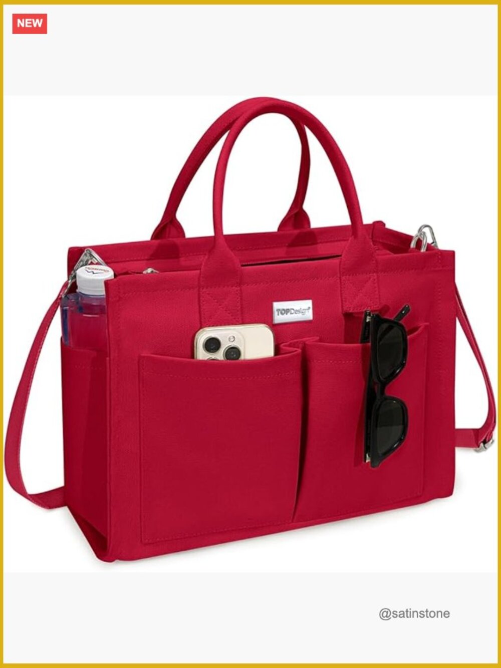 Heavy-Duty Canvas Tote Bag with 9 Pockets, Adjustable Crossbody/Shoulder Handbag